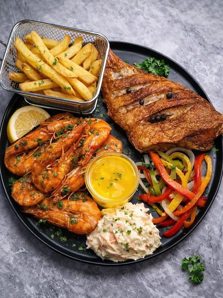 Fried fish and prawns with chips, coleslaw and garlic butter